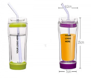 Double Wall Glass Juice Cup w/ Glass Lid & Straw 10 oz2