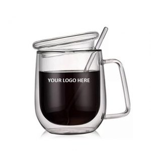 Double Wall Glass Coffee Mug w/ Glass Lid & Spoon 10 oz3