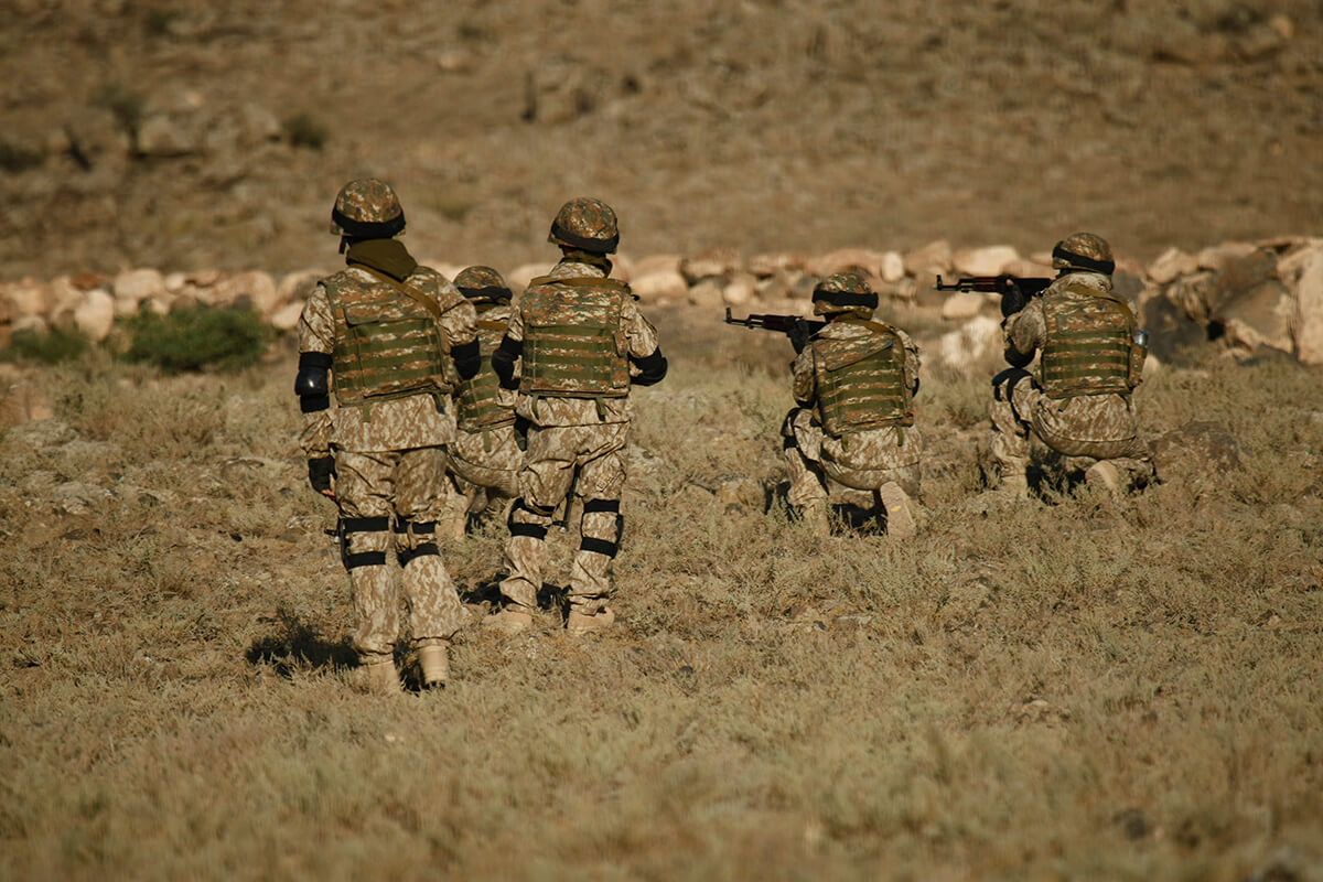 shot armenian military soldiers training dry field